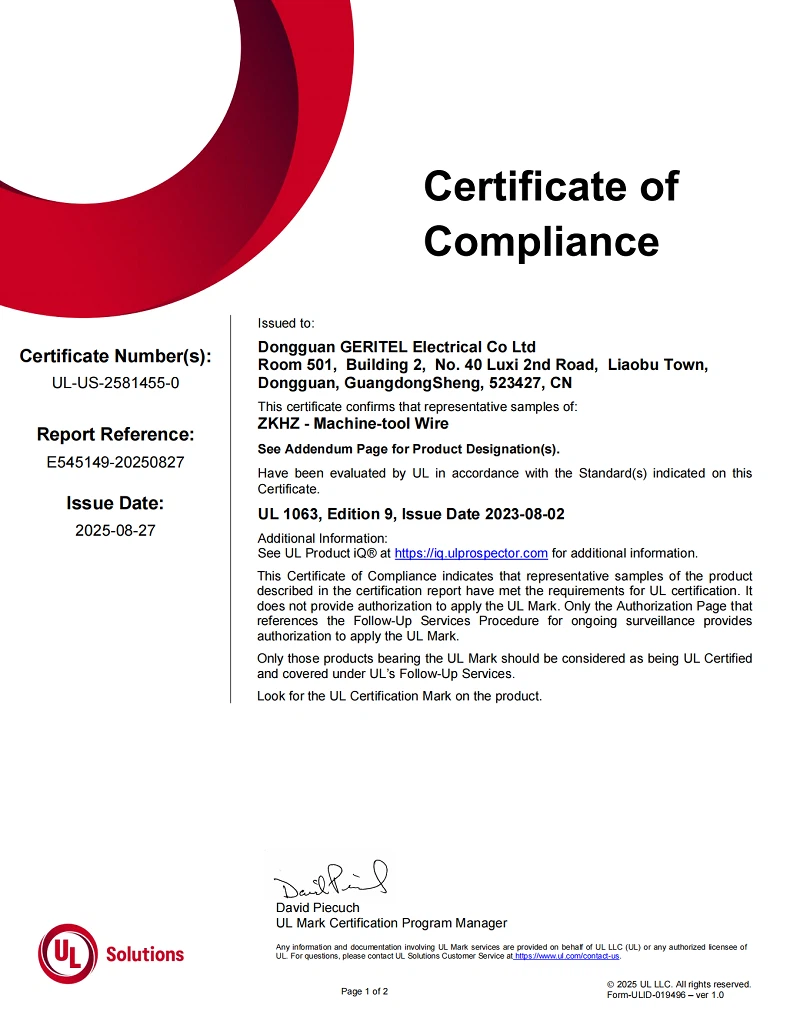 UL1063-MTW wire-Certificate UL1063-MTW wire-Certificate