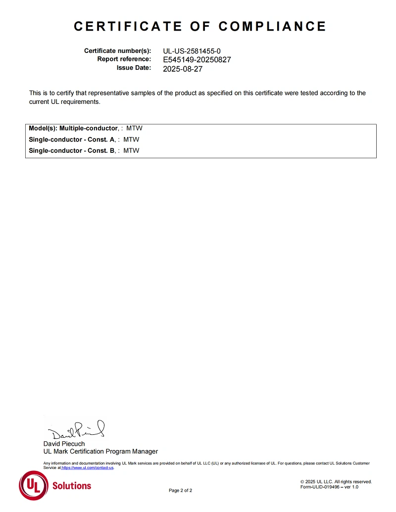 UL1063-MTW wires-Certificate UL1063-MTW wires-Certificate